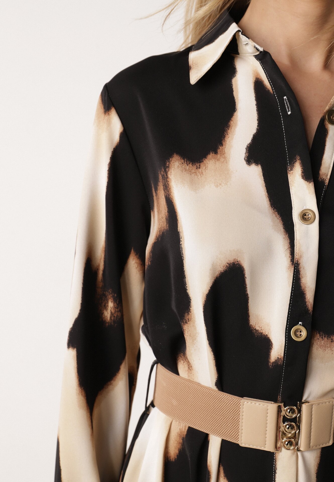 rosa Rochie Bej cu Negru Imprimeu Leopard Stil Cămașă cu Cordon Elastic Tinellea