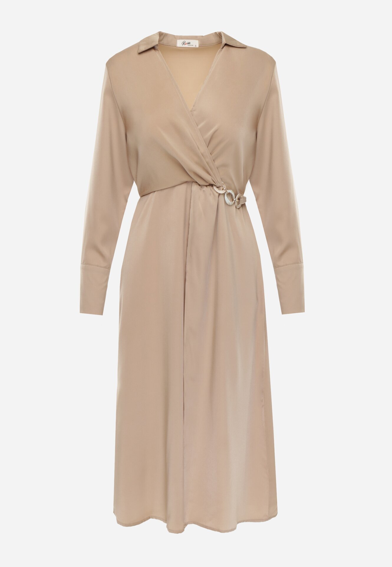 rosa Rochie Bej De Satin Midi cu Decolteu Petrecut și Guler Hartho