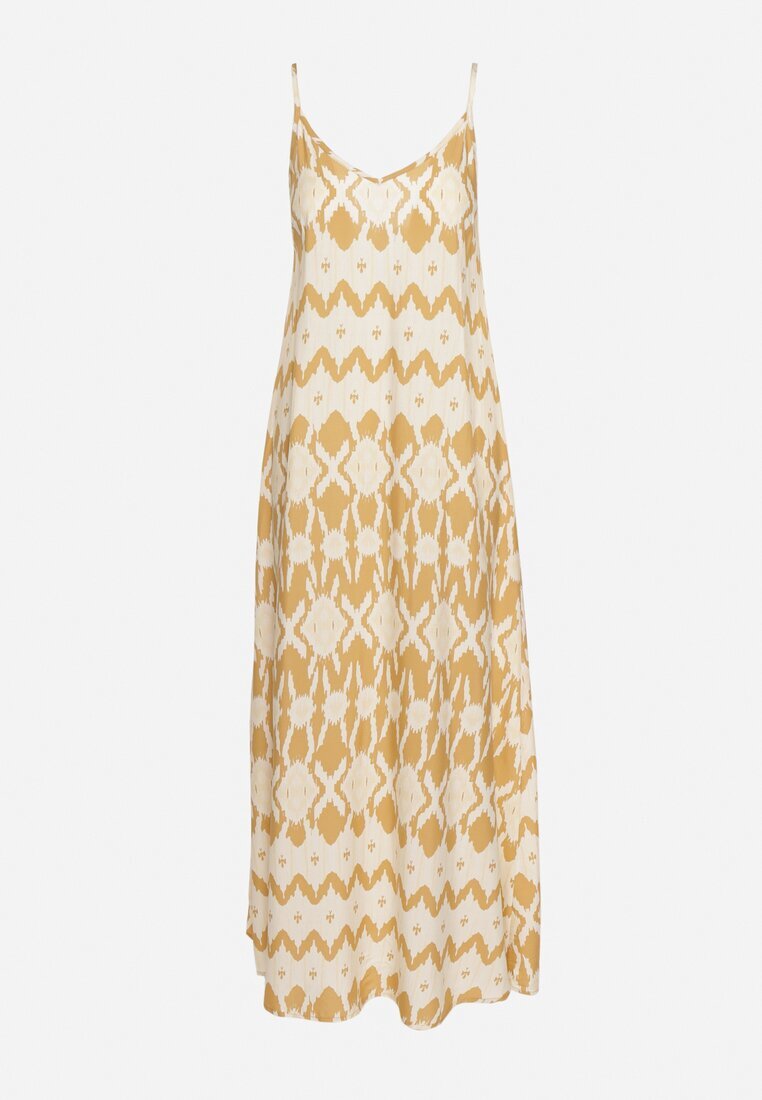 rosa Rochie Bej din Viscoză cu Bretele Reglabile și Imprimeu Geometric Vididia