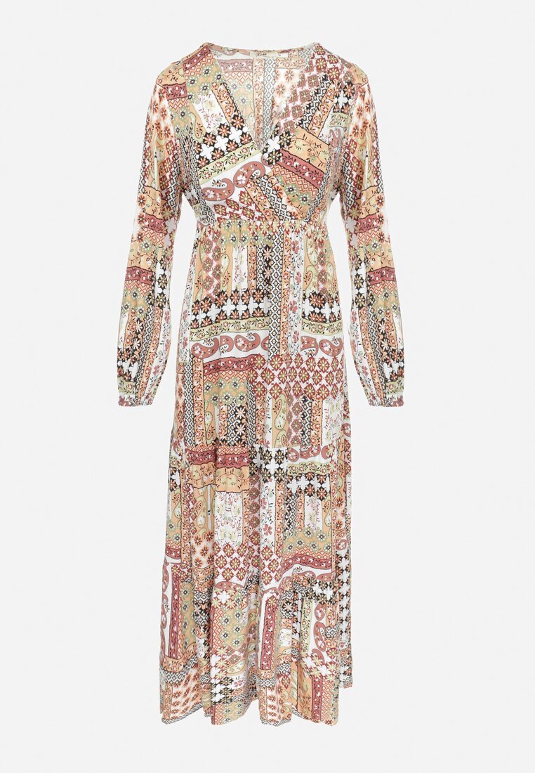 rosa Rochie Bej-Roz cu Decolteu Petrecut cu Imprimeu Patchwork Betey