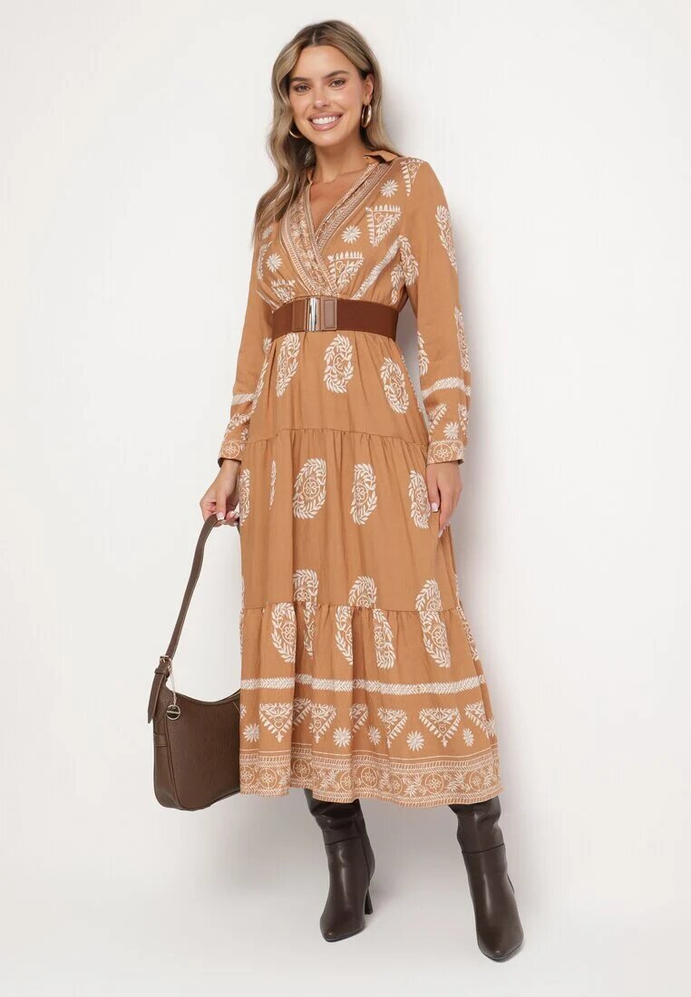 rosa Rochie Bej Tip plic Cloș din Viscoză cu Model Etnic cu Cordon Mirizia