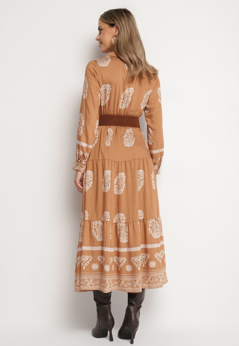 rosa Rochie Bej Tip plic Cloș din Viscoză cu Model Etnic cu Cordon Mirizia