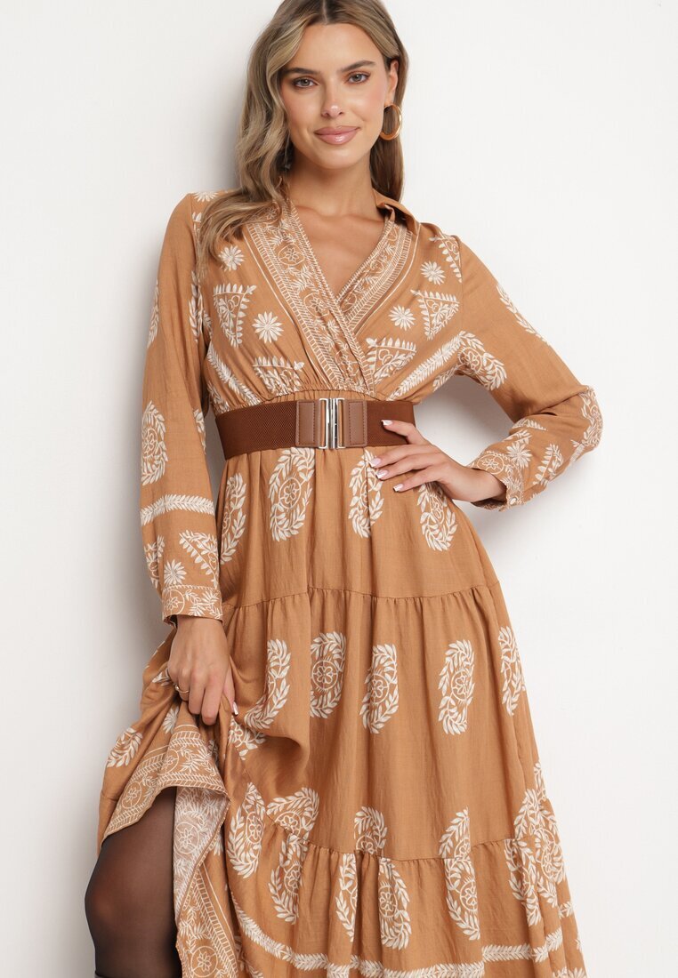rosa Rochie Bej Tip plic Cloș din Viscoză cu Model Etnic cu Cordon Mirizia