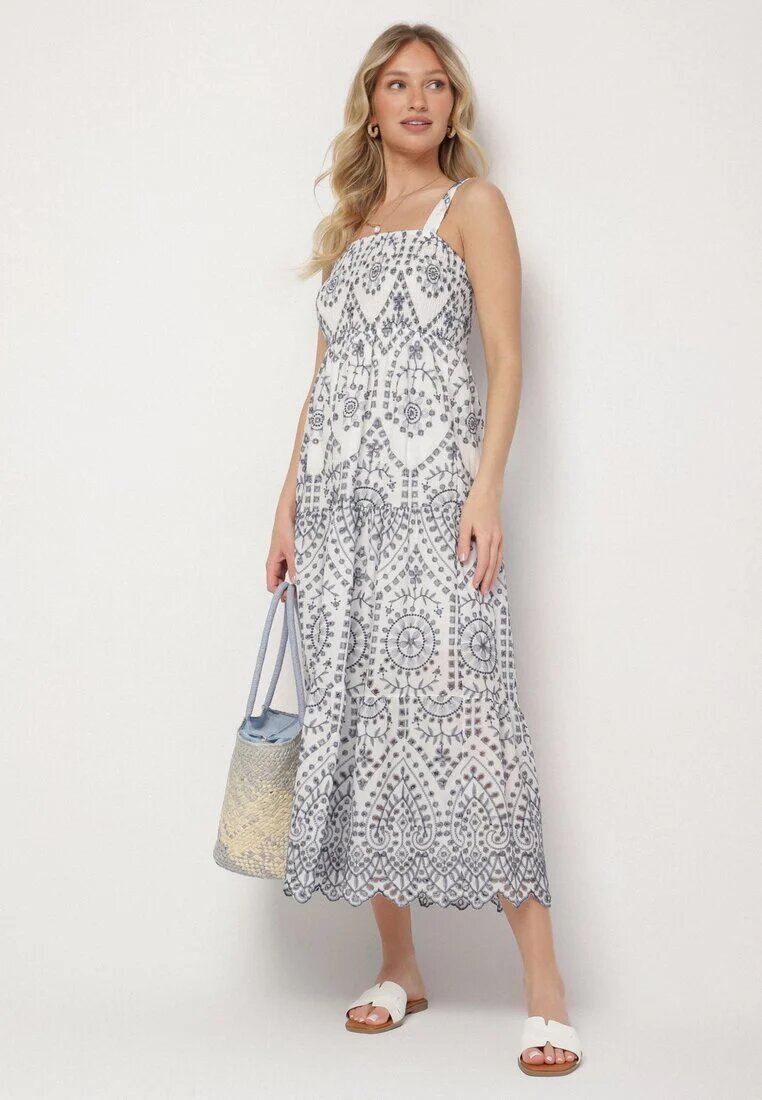 rosa Rochie bleumarin-albă din bumbac decorată cu broderie Sadonique