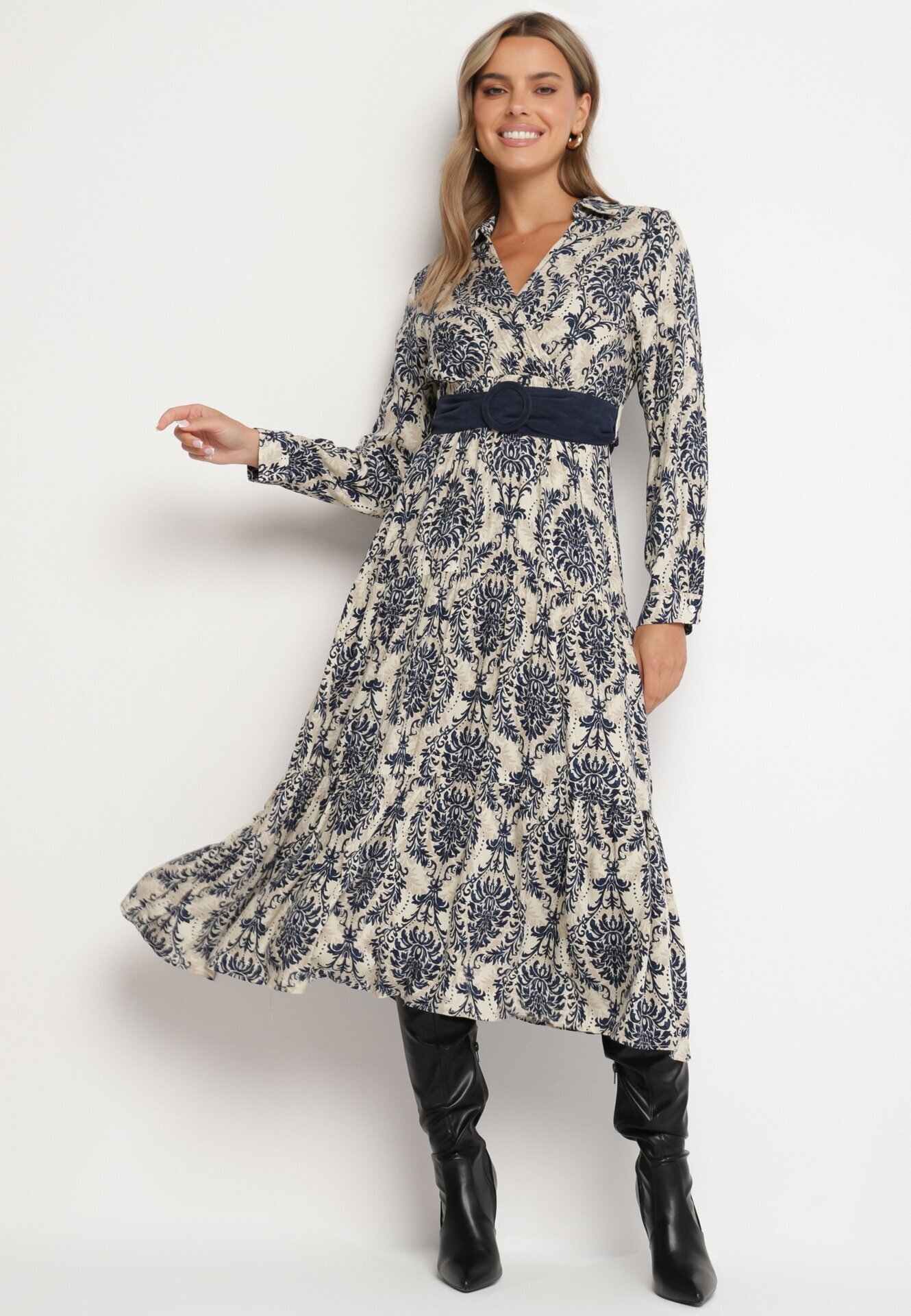 rosa Rochie Bleumarin-Bej din Vâscoză Tip petrecut Stil Boho cu Curea din material cu Cataramă Rinovia