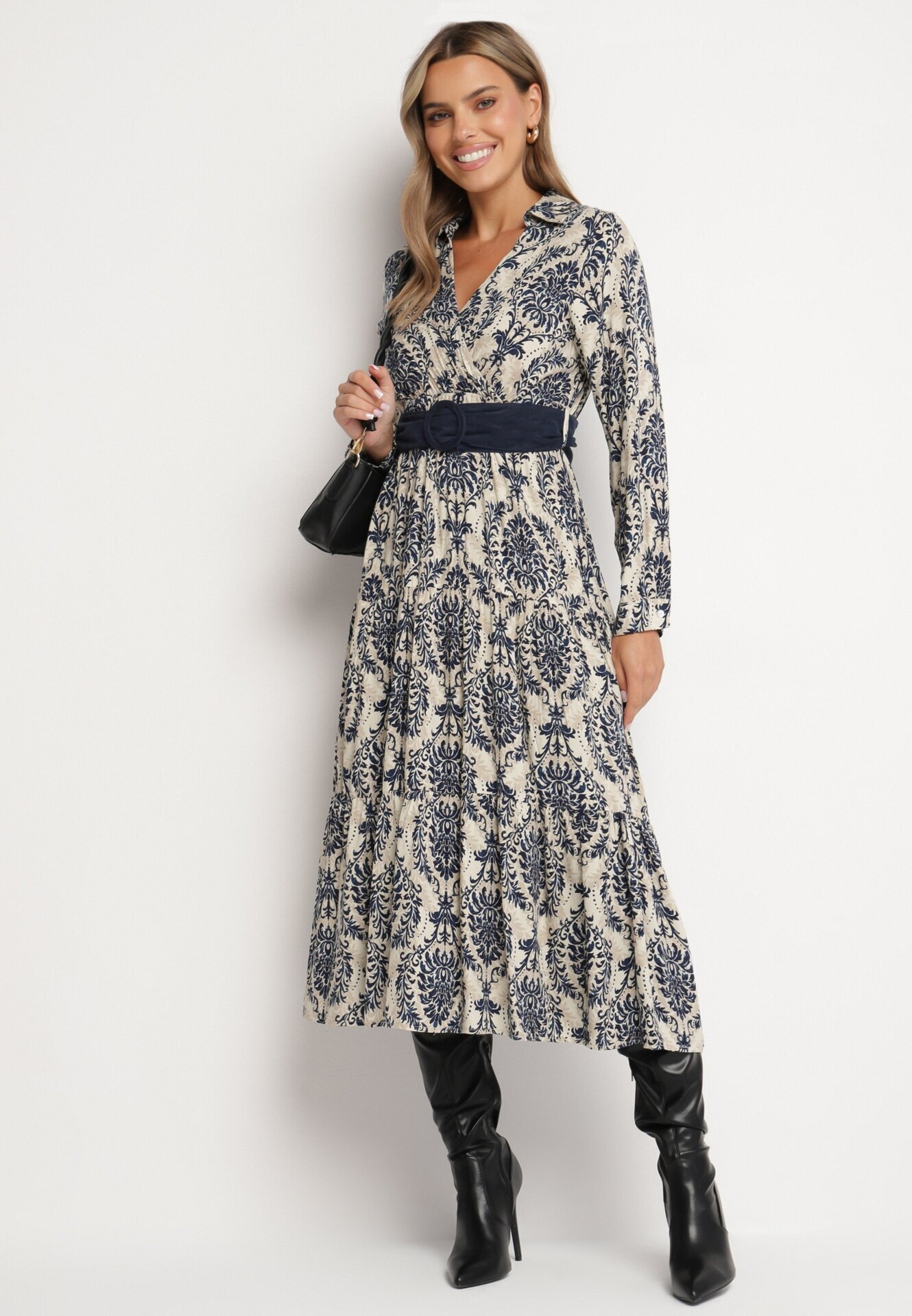 rosa Rochie Bleumarin-Bej din Vâscoză Tip petrecut Stil Boho cu Curea din material cu Cataramă Rinovia