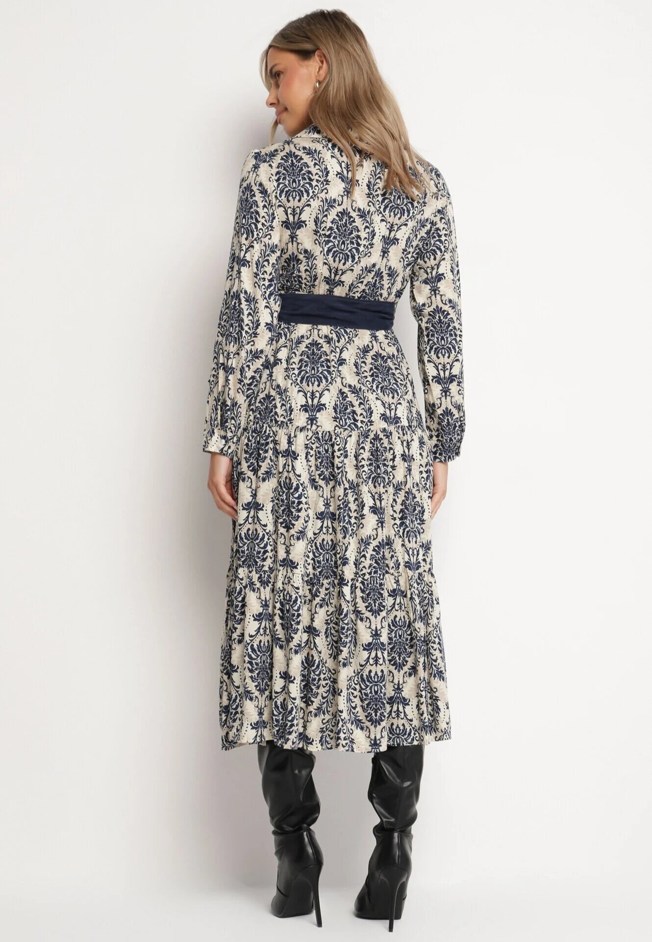 rosa Rochie Bleumarin-Bej din Vâscoză Tip petrecut Stil Boho cu Curea din material cu Cataramă Rinovia