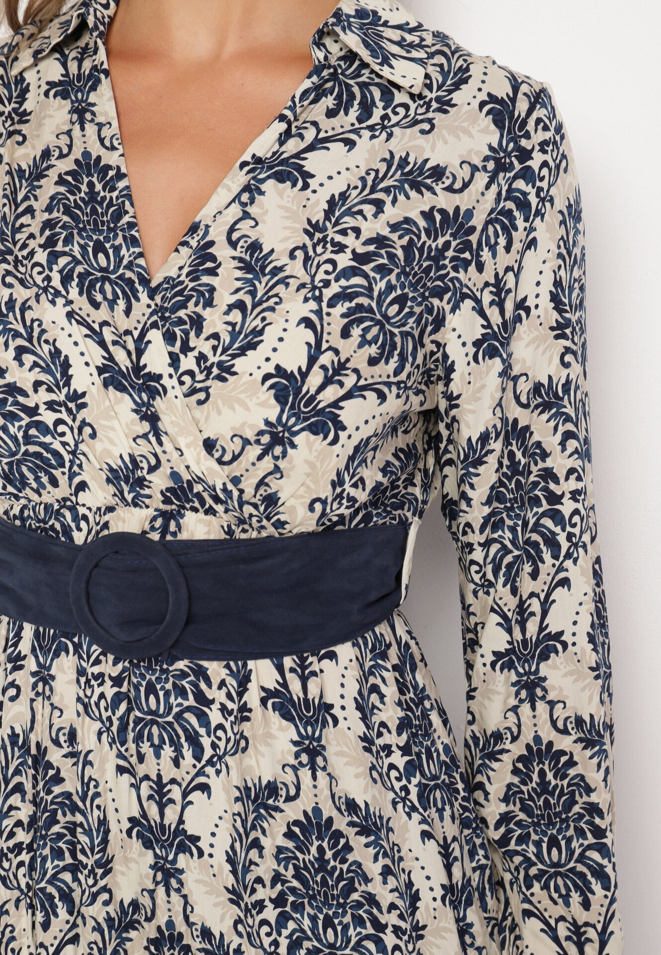 rosa Rochie Bleumarin-Bej din Vâscoză Tip petrecut Stil Boho cu Curea din material cu Cataramă Rinovia