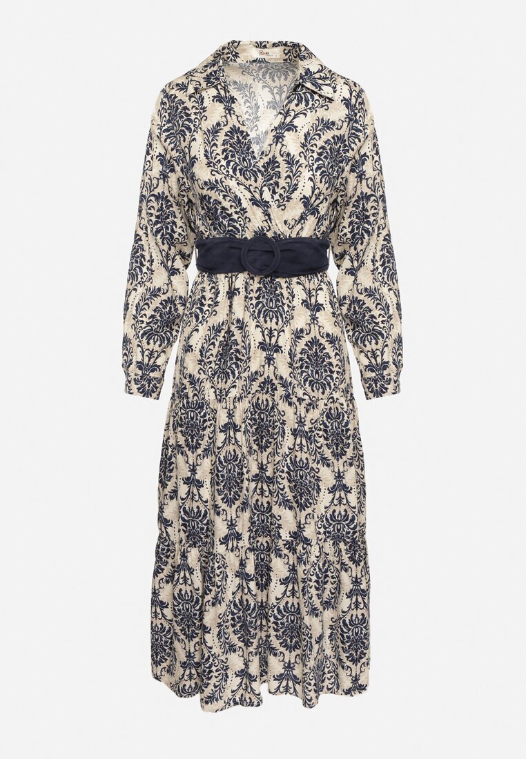 rosa Rochie Bleumarin-Bej din Vâscoză Tip petrecut Stil Boho cu Curea din material cu Cataramă Rinovia