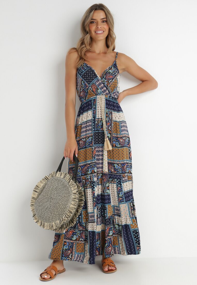 rosa Rochie Bleumarin Petrecută din Vâscoză cu Imprimeu Patchwork Hickey