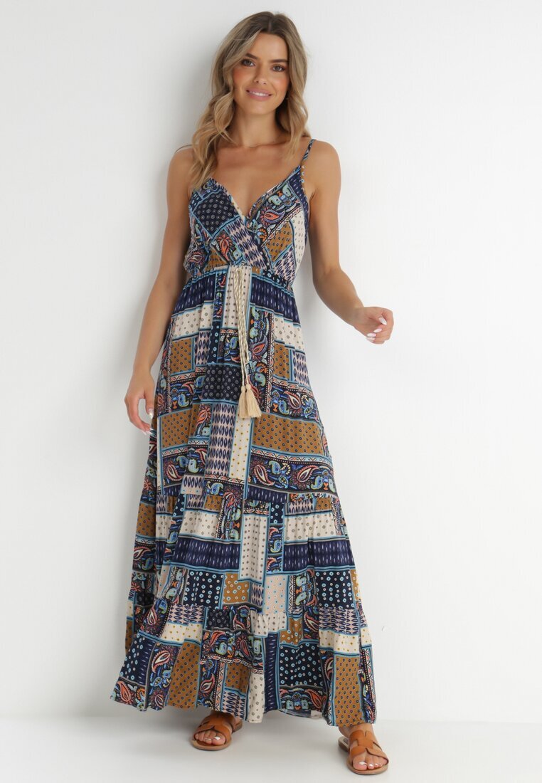rosa Rochie Bleumarin Petrecută din Vâscoză cu Imprimeu Patchwork Hickey
