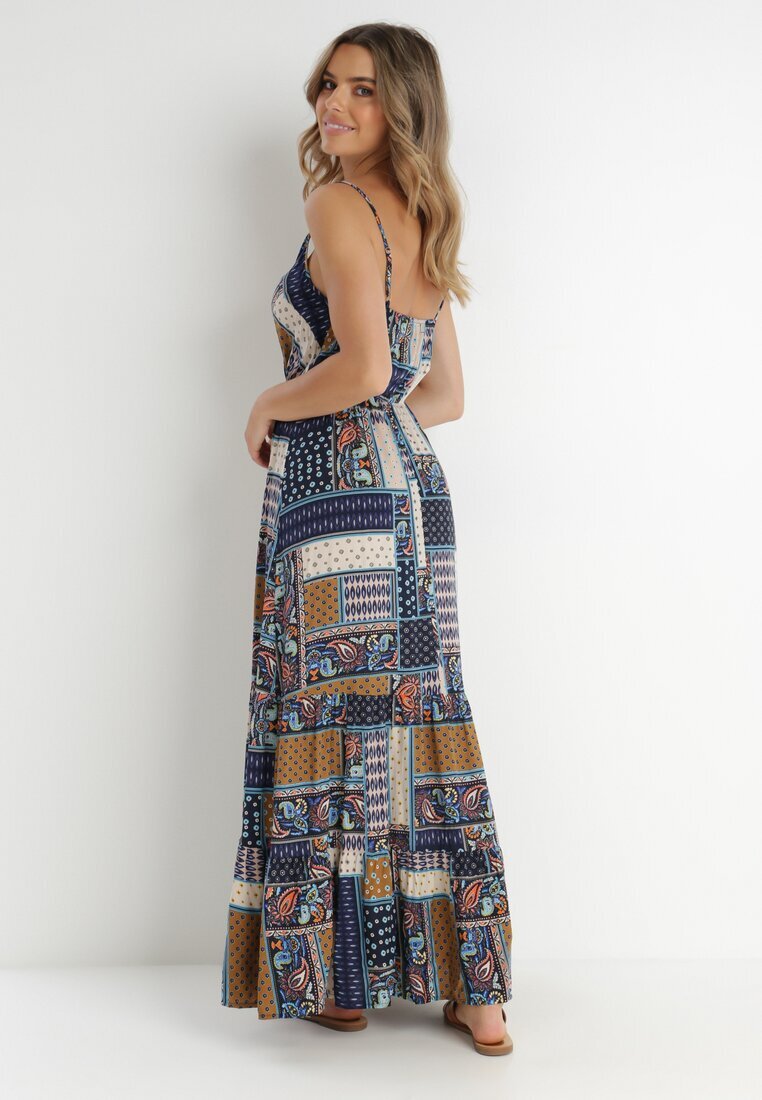 rosa Rochie Bleumarin Petrecută din Vâscoză cu Imprimeu Patchwork Hickey