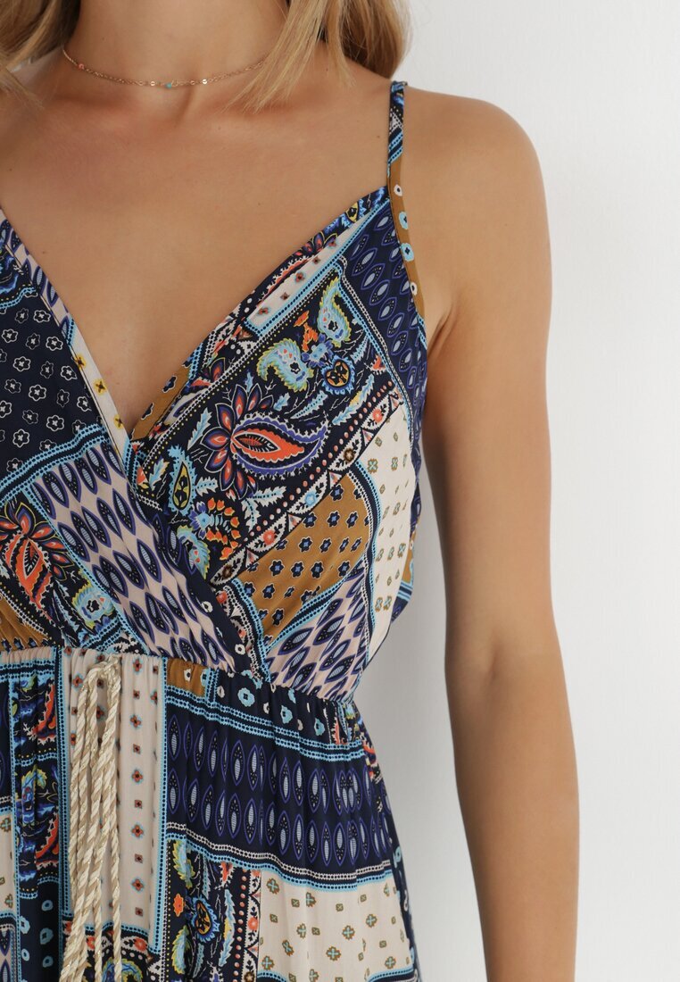 rosa Rochie Bleumarin Petrecută din Vâscoză cu Imprimeu Patchwork Hickey