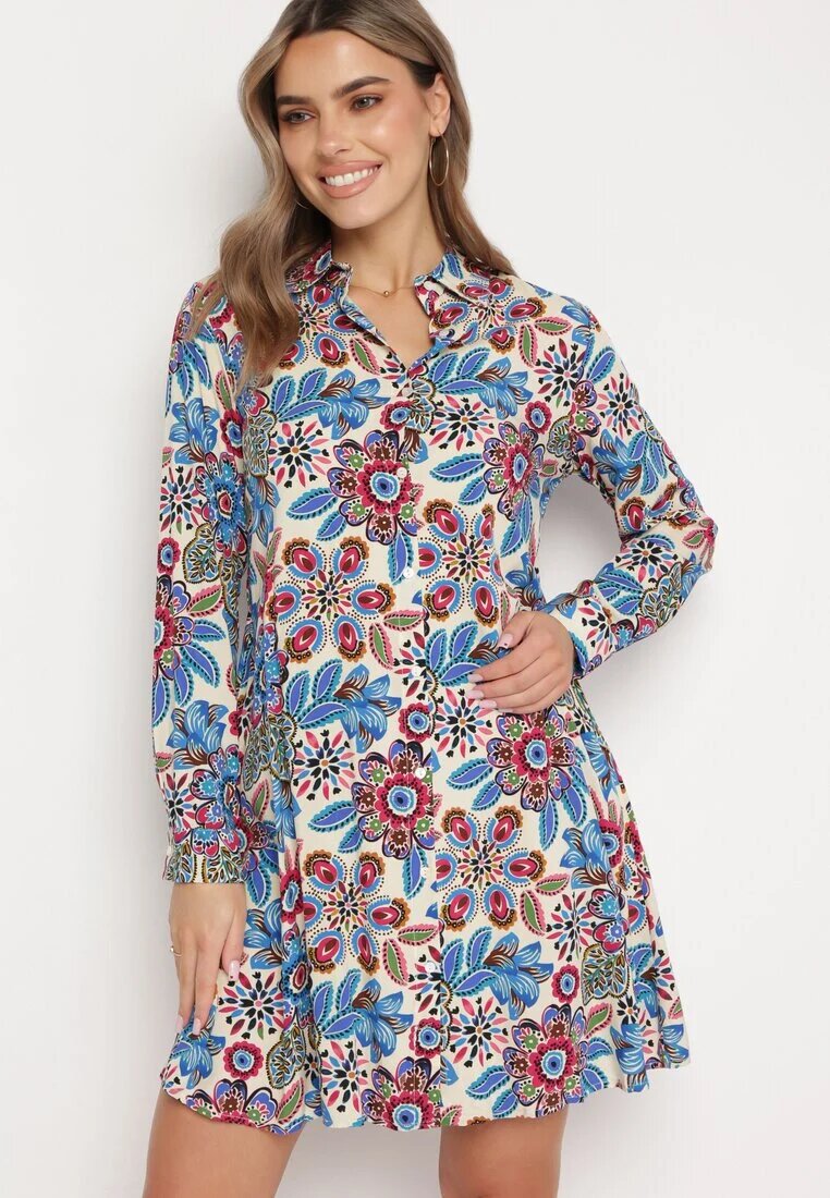 rosa Rochie Cămașă Albastră Florală cu Buzunare Eborene