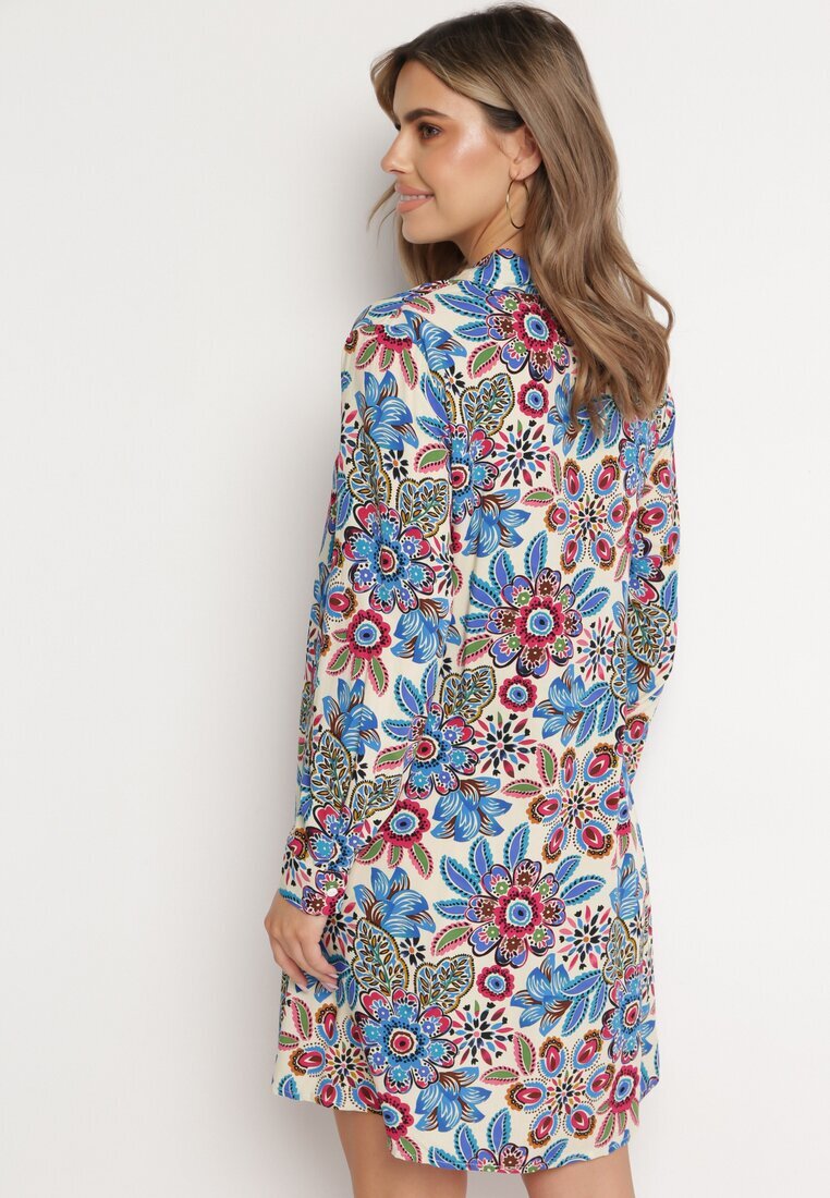 rosa Rochie Cămașă Albastră Florală cu Buzunare Eborene
