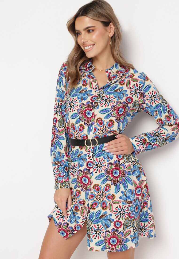 rosa Rochie Cămașă Albastră Florală cu Buzunare Eborene