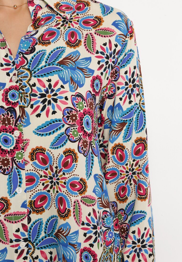 rosa Rochie Cămașă Albastră Florală cu Buzunare Eborene