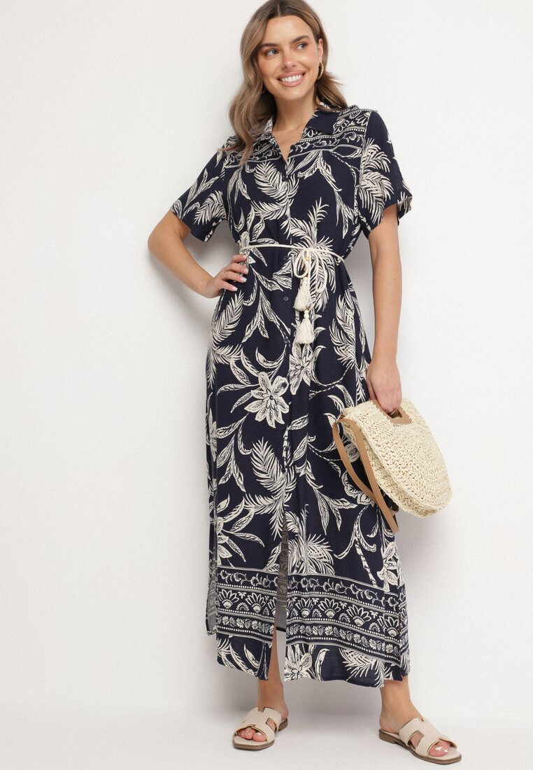 rosa Rochie cămașă bleumarin din viscoză cu imprimeu floral cu buzunare Eramira