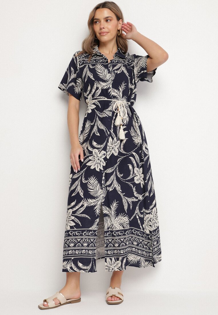 rosa Rochie cămașă bleumarin din viscoză cu imprimeu floral cu buzunare Eramira