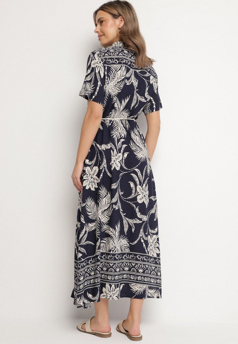 rosa Rochie cămașă bleumarin din viscoză cu imprimeu floral cu buzunare Eramira