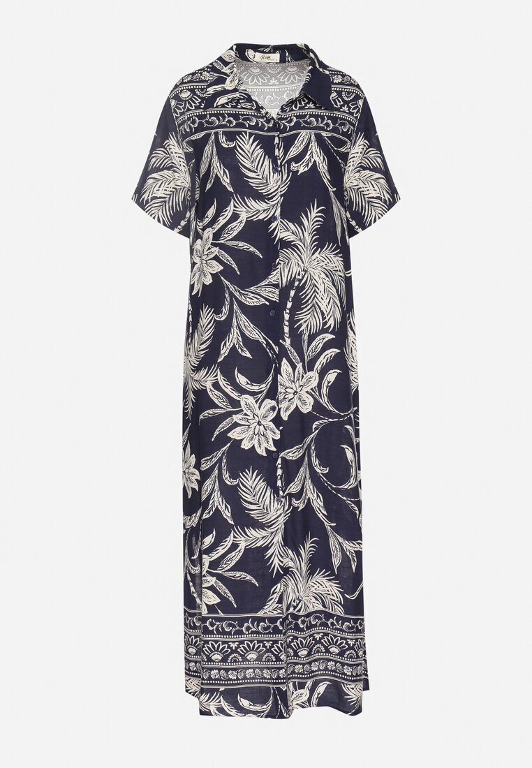 rosa Rochie cămașă bleumarin din viscoză cu imprimeu floral cu buzunare Eramira