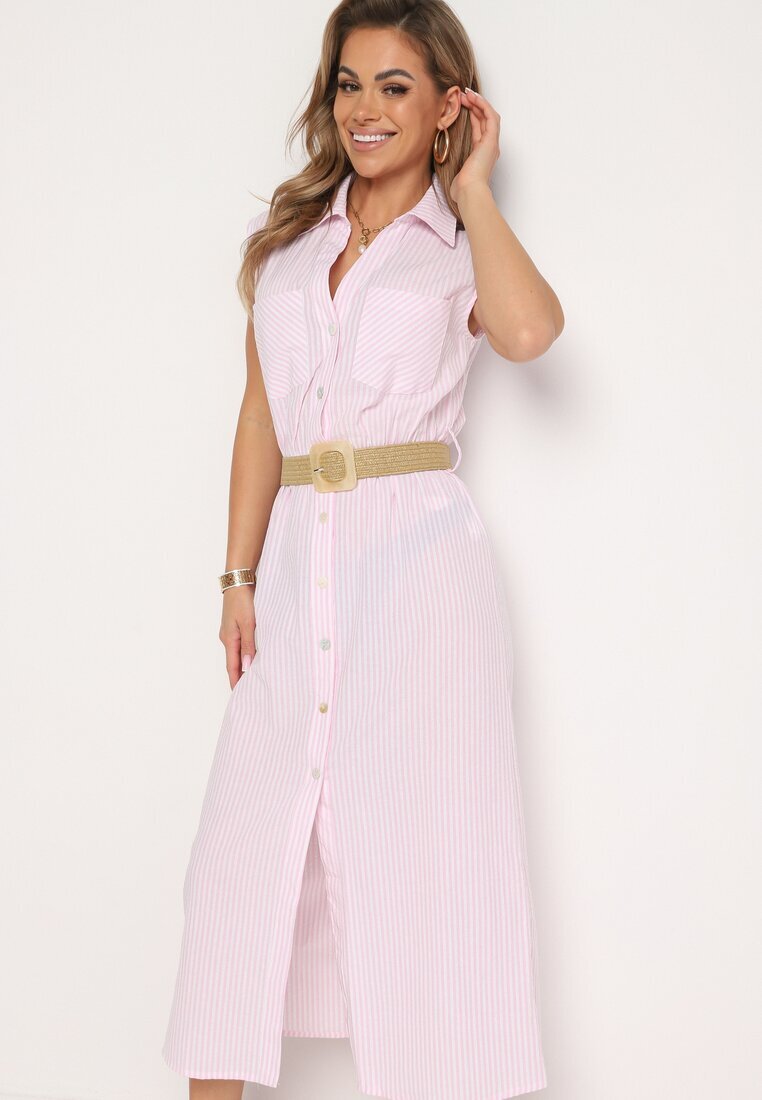 rosa Rochie Cămașă Roz deschis din bumbac cu elastic în talie și curea cu cataramă Xalorea