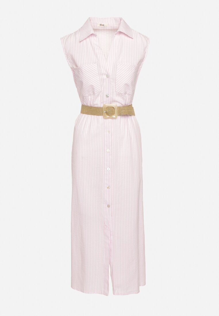 rosa Rochie Cămașă Roz deschis din bumbac cu elastic în talie și curea cu cataramă Xalorea