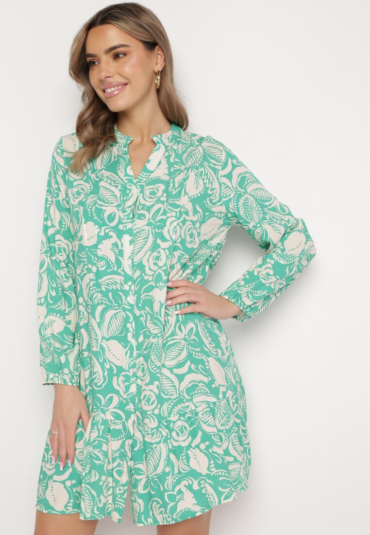 rosa Rochie Cămașă Verde Mini Cu croială evazată Cu motiv floral Hexama