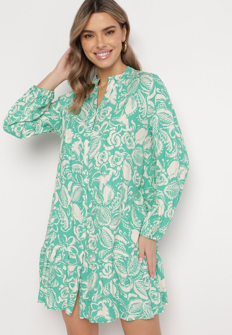 rosa Rochie Cămașă Verde Mini Cu croială evazată Cu motiv floral Hexama