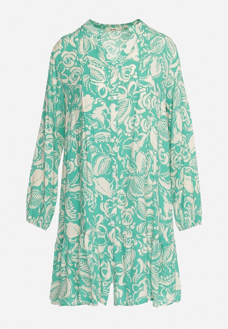 rosa Rochie Cămașă Verde Mini Cu croială evazată Cu motiv floral Hexama
