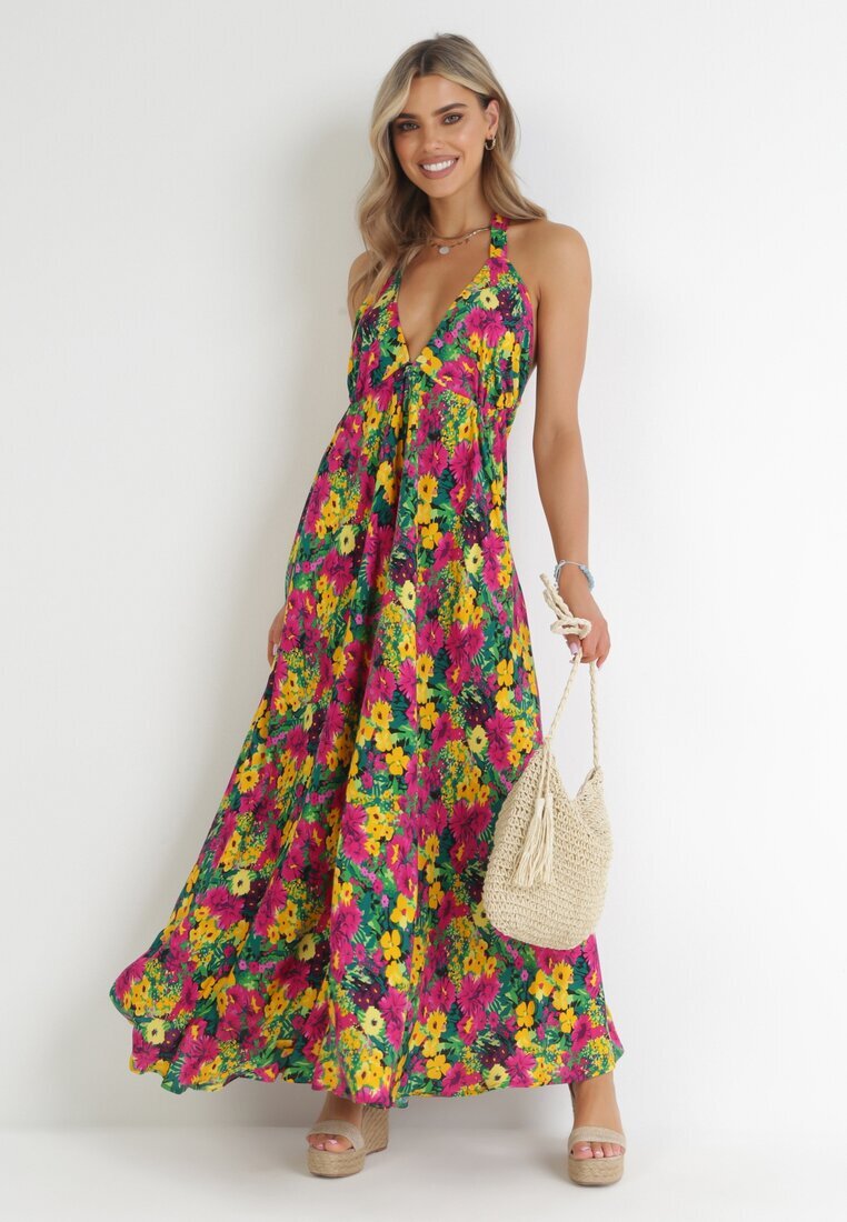 rosa Rochie Cloș Galben-Fucsia Maxi Legată la gât din Viscoză cu flori Enisa