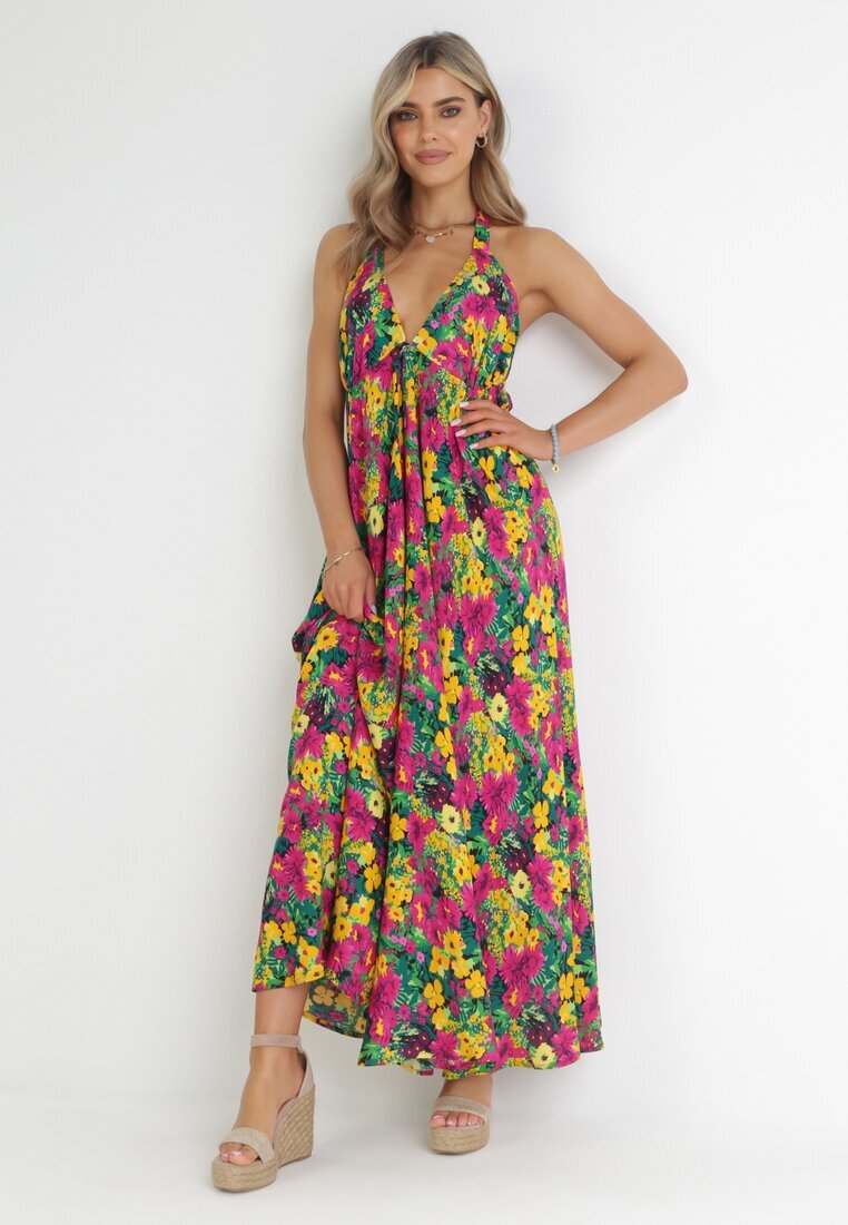 rosa Rochie Cloș Galben-Fucsia Maxi Legată la gât din Viscoză cu flori Enisa