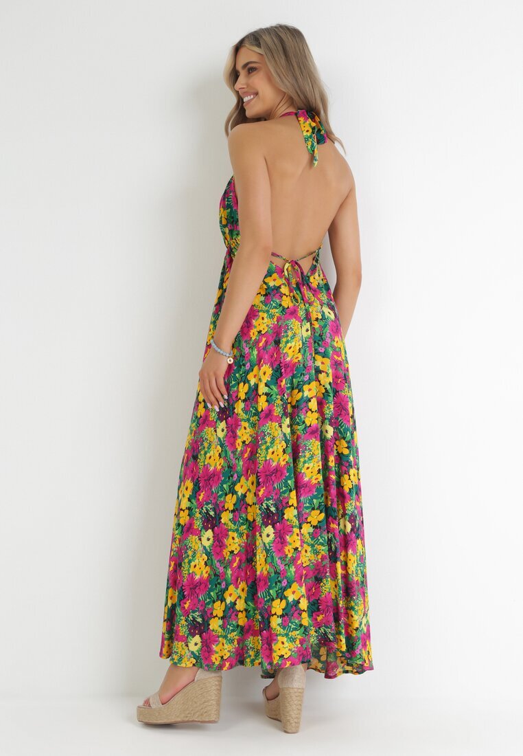 rosa Rochie Cloș Galben-Fucsia Maxi Legată la gât din Viscoză cu flori Enisa