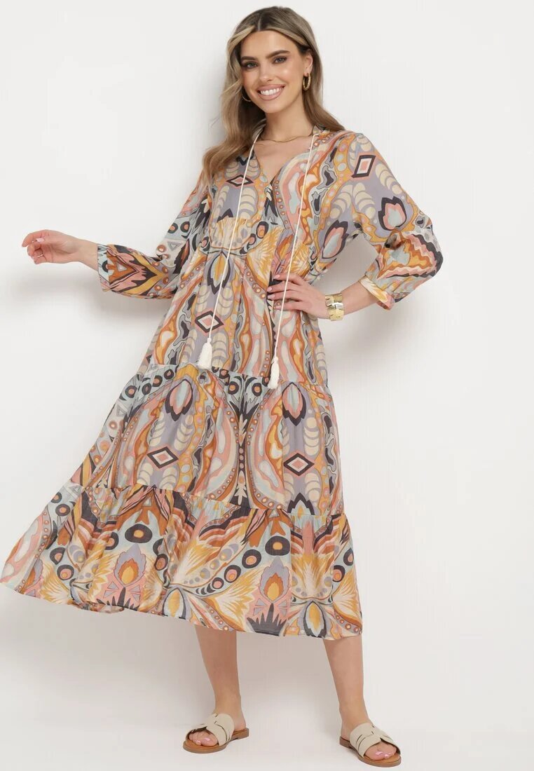 rosa Rochie Cloș Galben-Maro cu Legătură Decorativă la Gât și Mânecă 3/4 Dennia