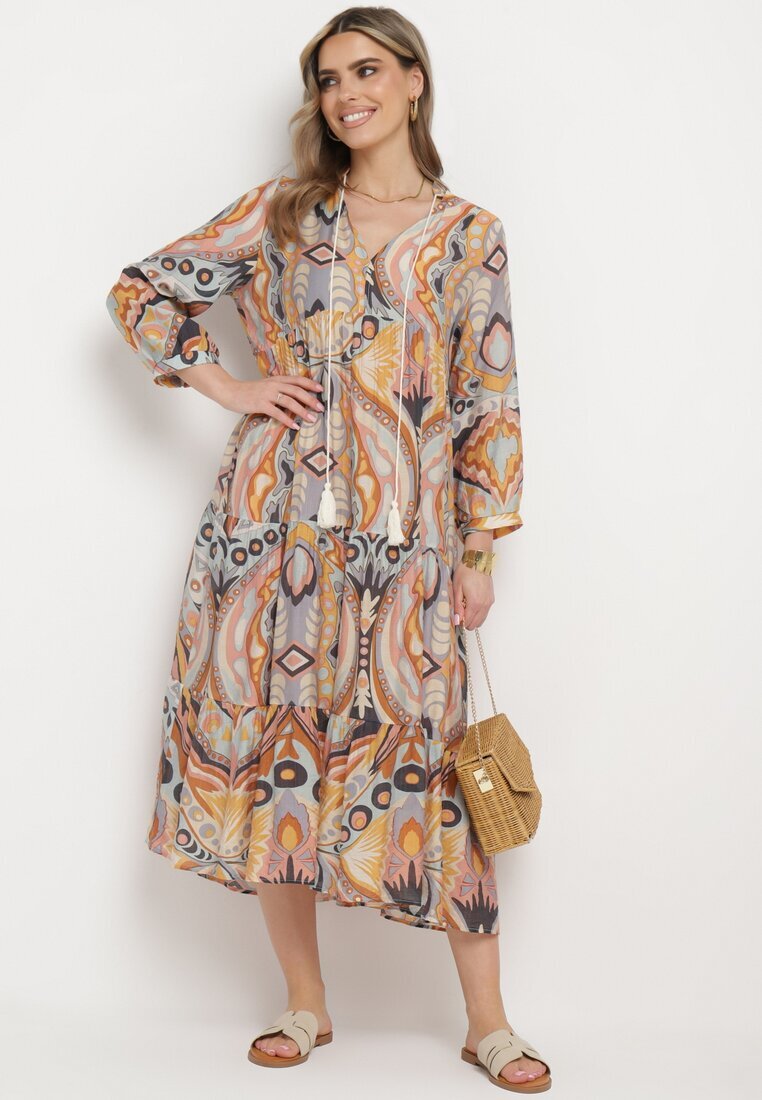 rosa Rochie Cloș Galben-Maro cu Legătură Decorativă la Gât și Mânecă 3/4 Dennia