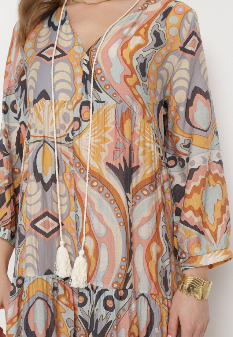 rosa Rochie Cloș Galben-Maro cu Legătură Decorativă la Gât și Mânecă 3/4 Dennia
