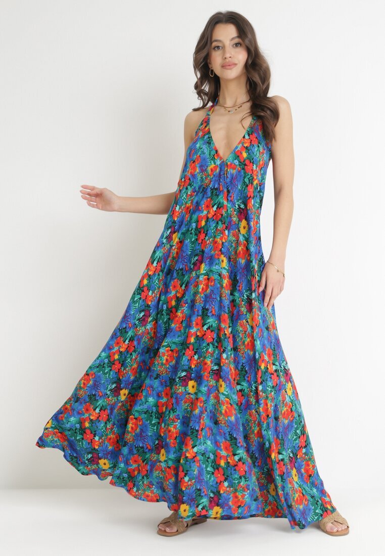 rosa Rochie Cloș Maxi Albastră Legată la gât din Viscoză Florală Enisa