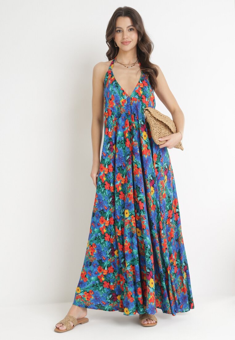 rosa Rochie Cloș Maxi Albastră Legată la gât din Viscoză Florală Enisa