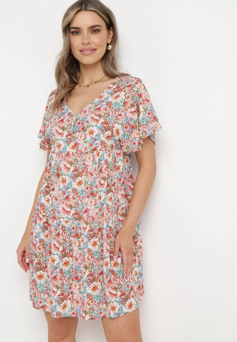 rosa Rochie Cloș Roz-Bej cu Mânecă Scurtă din Viscoză și cu Legătură la Spate Vatella