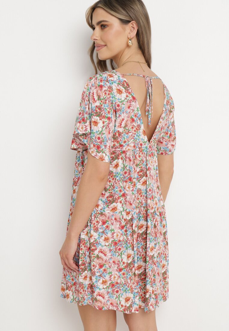 rosa Rochie Cloș Roz-Bej cu Mânecă Scurtă din Viscoză și cu Legătură la Spate Vatella