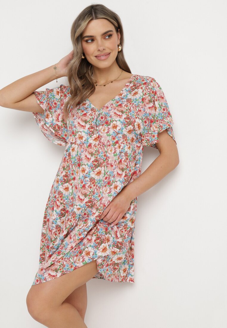 rosa Rochie Cloș Roz-Bej cu Mânecă Scurtă din Viscoză și cu Legătură la Spate Vatella