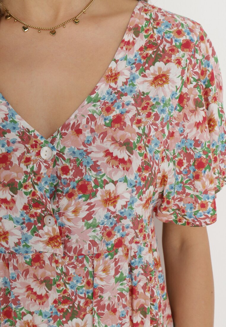 rosa Rochie Cloș Roz-Bej cu Mânecă Scurtă din Viscoză și cu Legătură la Spate Vatella