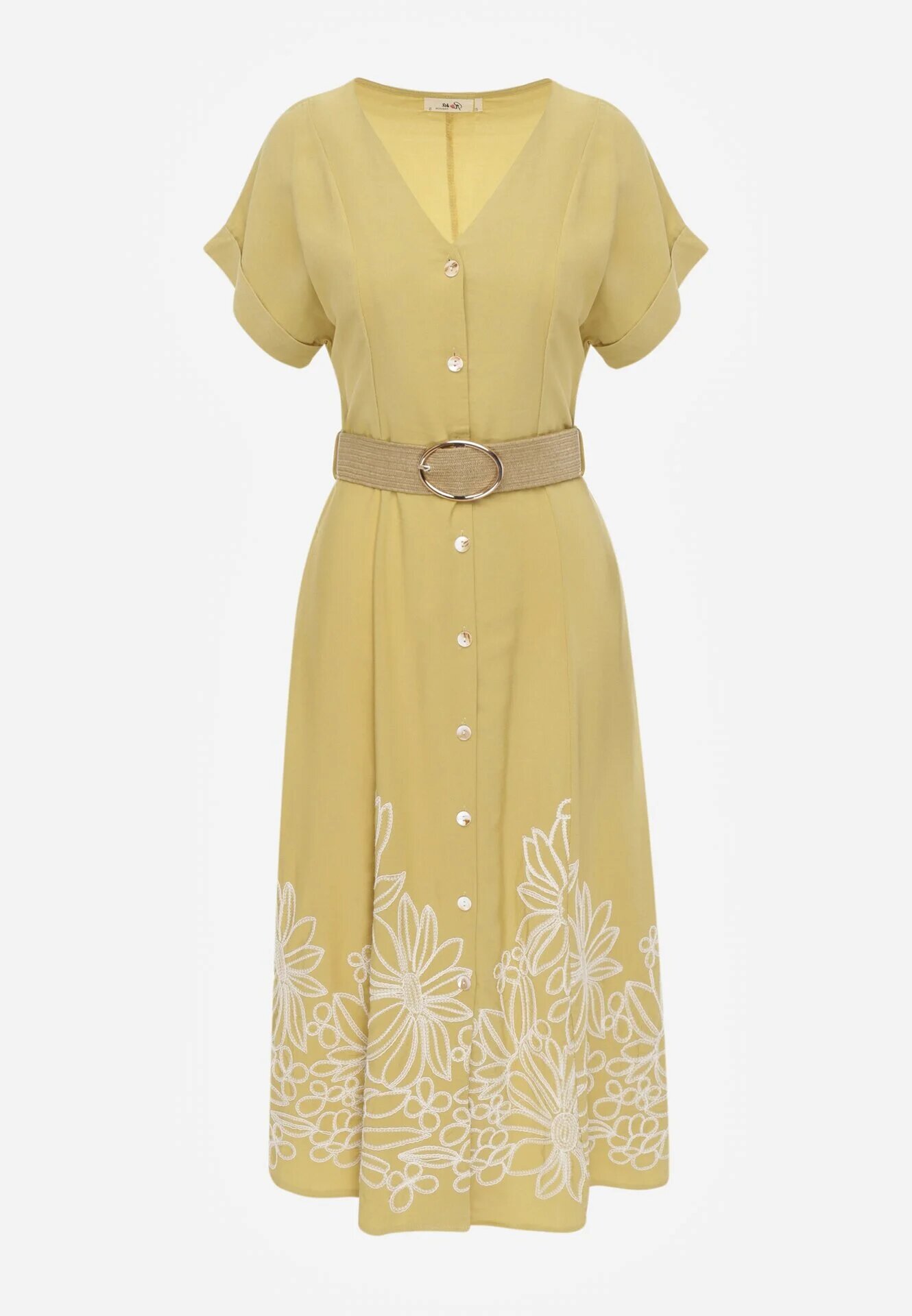 rosa Rochie de vară cu nasturi bogată în viscoză cu broderie și curea împletită Perinca Galbenă