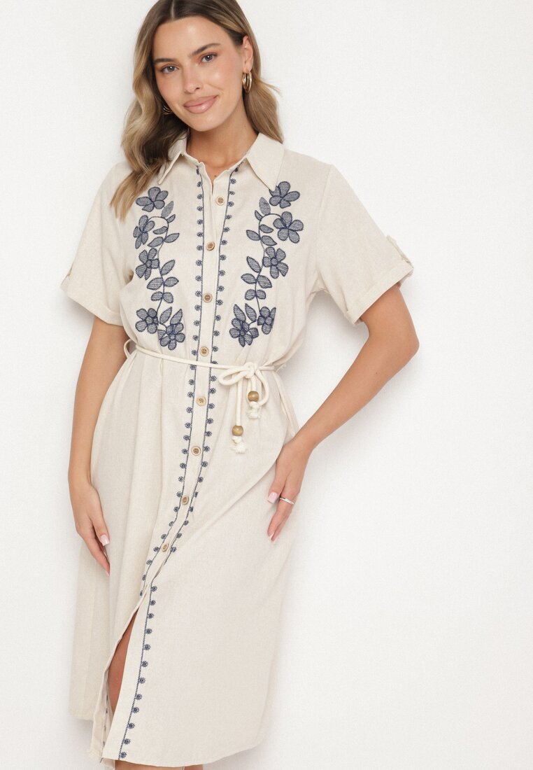 rosa Rochie din bumbac bej de tip cămașă decorată cu broderie Savidelle