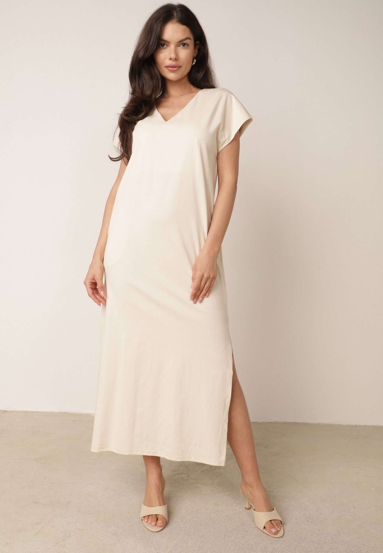 rosa Rochie din bumbac oversize cu buzunare Thaelusa Bej
