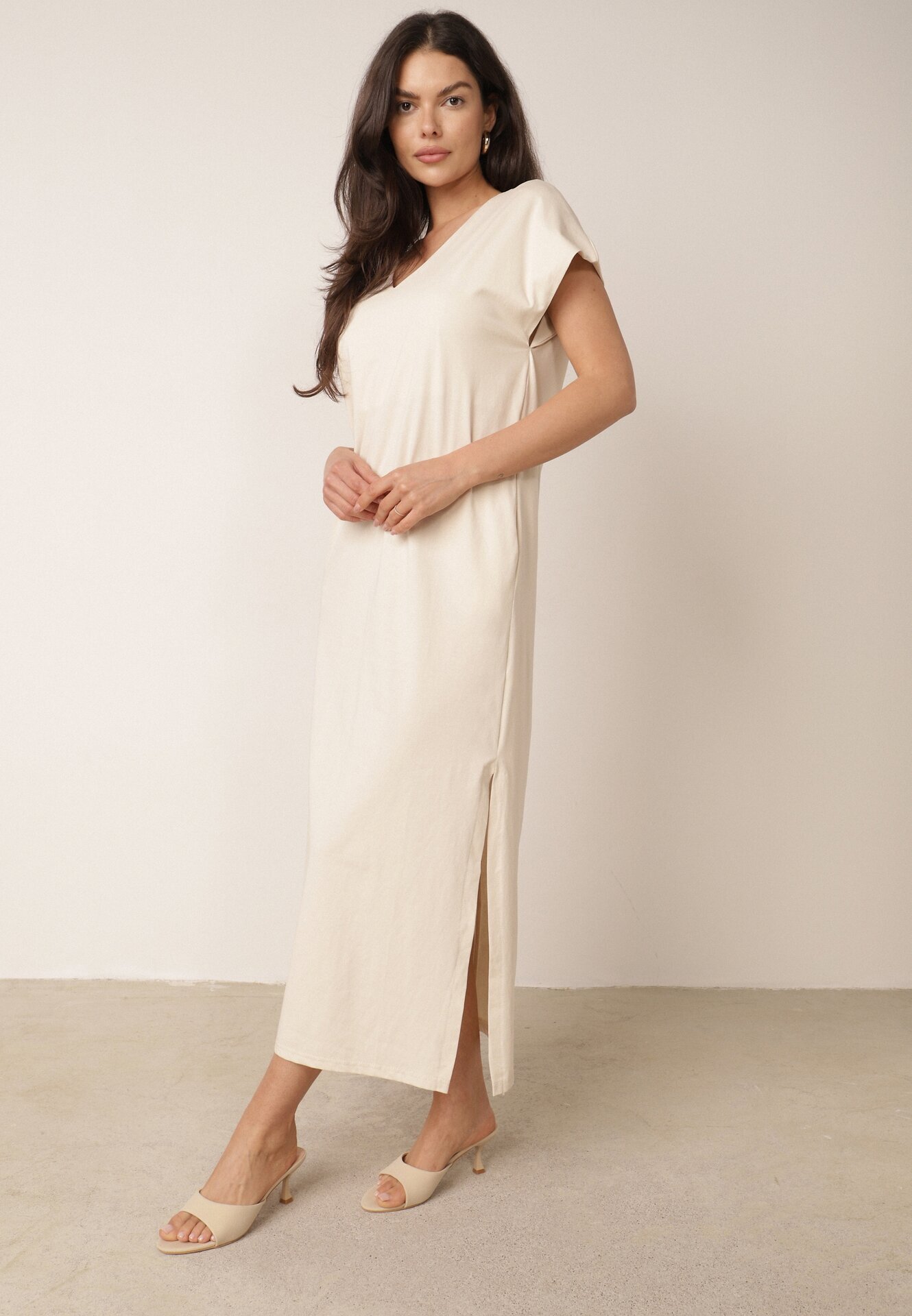 rosa Rochie din bumbac oversize cu buzunare Thaelusa Bej