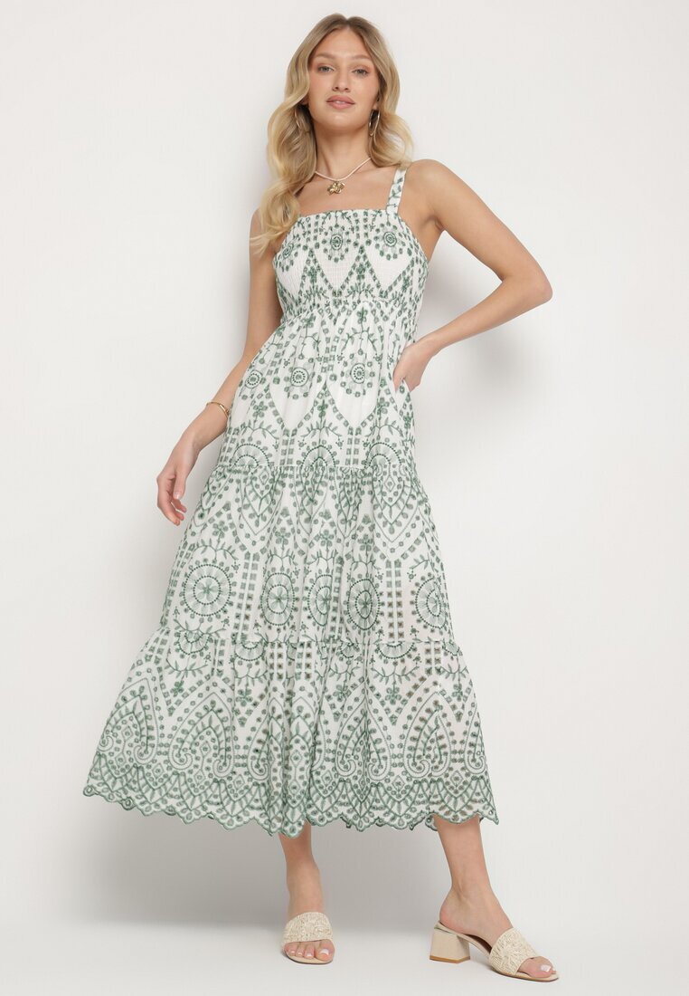 rosa Rochie din bumbac verde-albă decorată cu broderie Sadonique