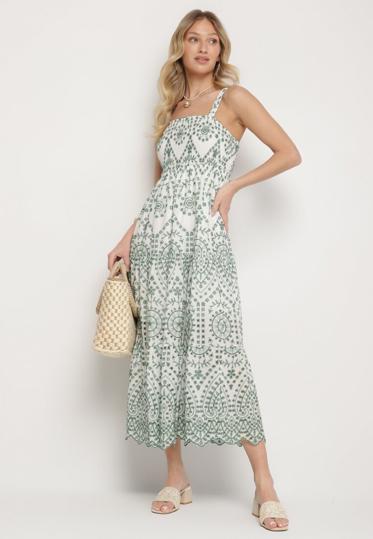 rosa Rochie din bumbac verde-albă decorată cu broderie Sadonique