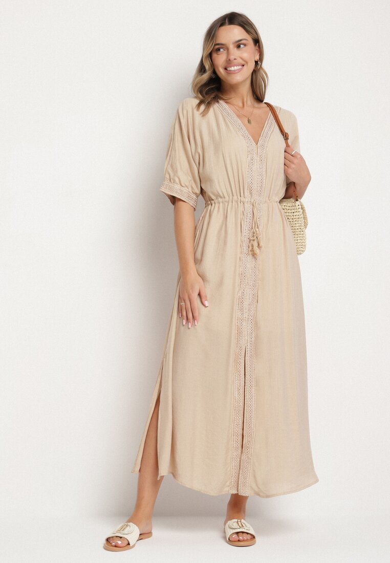 rosa Rochie din vâscoză bej cu bordură ajurată Aravellea