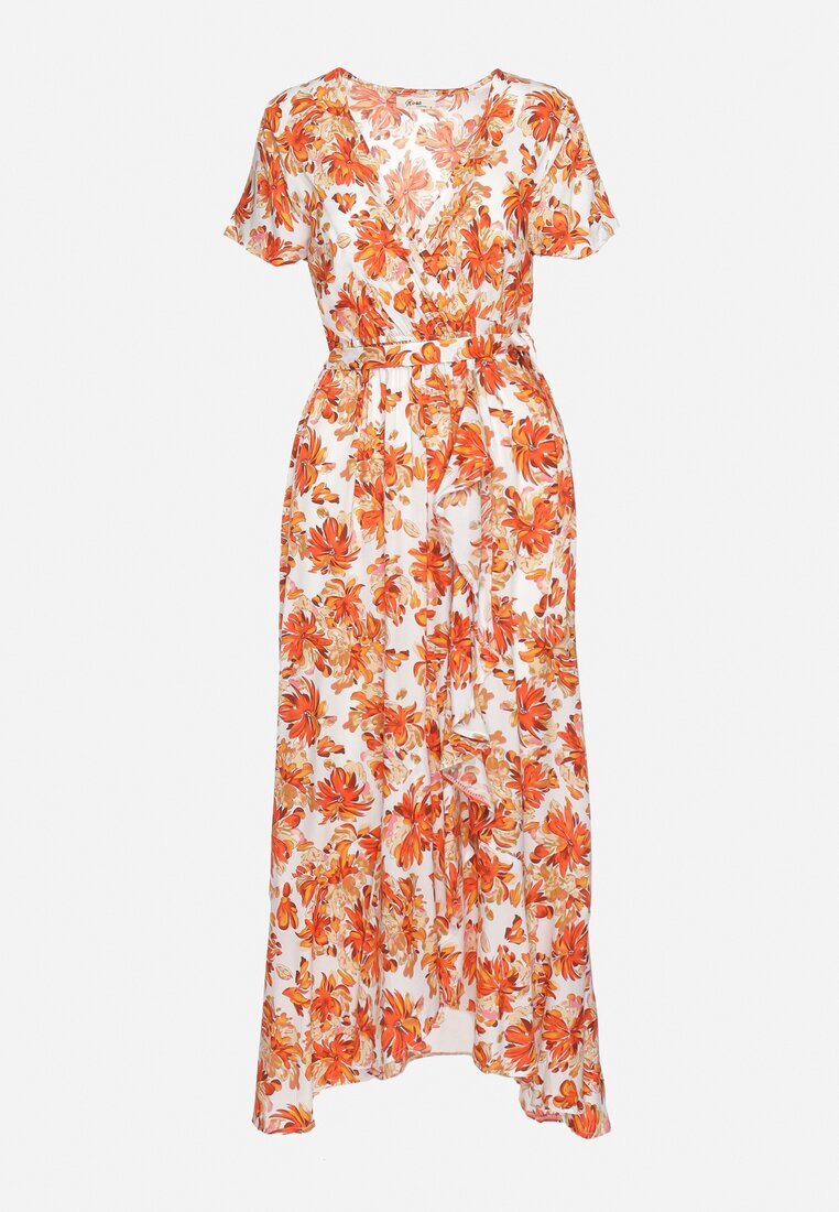 rosa Rochie din Viscoză Portocalie cu croi evazat cu elastic în talie și curea din material Vikletta